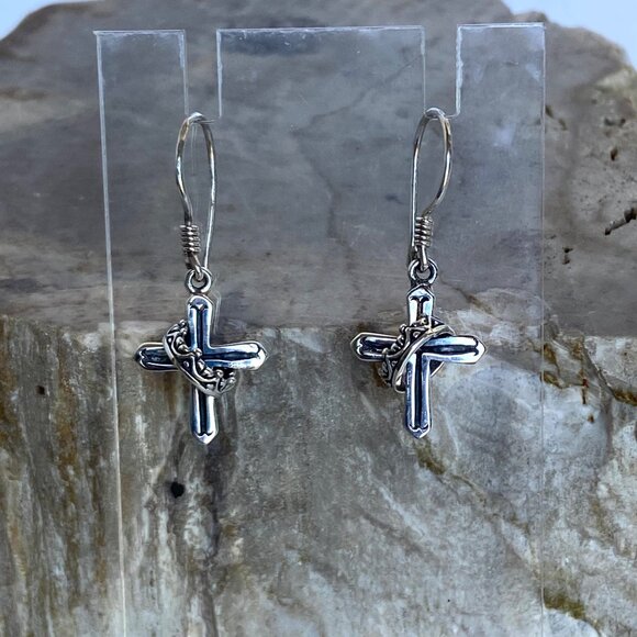 Sterling Silver 925 Petite Dainty Cross & Crown Dangle Drop Earrings - Picture 4 of 16